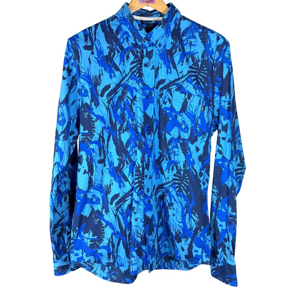 Nike SB Mens Blue Abstract Palm Bird Print Long Sleeve Button Down Shirt Medium